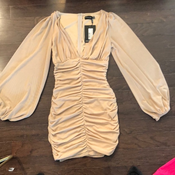 Stone Mesh Ruched Balloon Sleeve Bodycon Dress - Picture 2 of 3